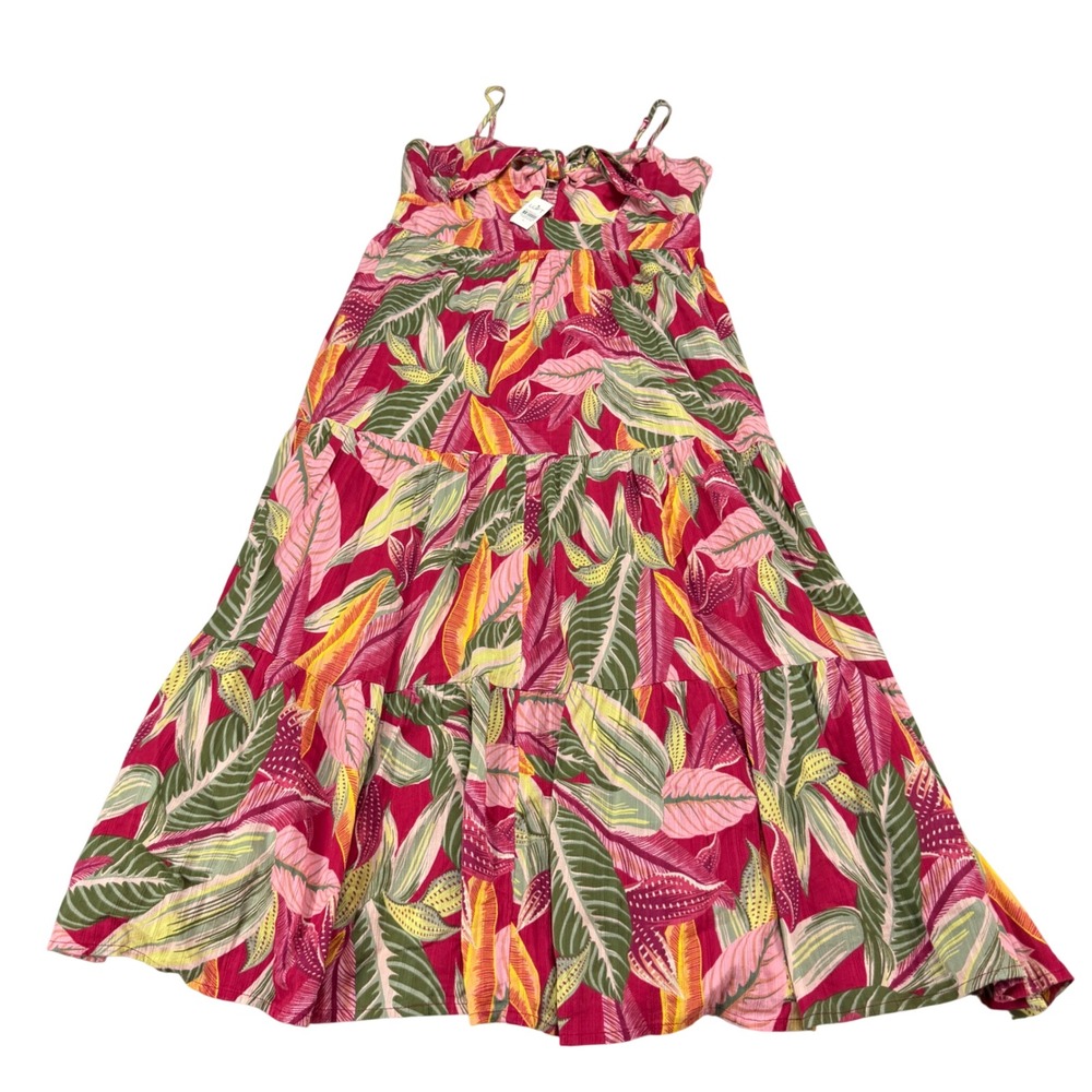 Loft Beach Pink Tropical Palm Leaf Tiered Maxi Dress Tie Front Smocked Large NEW
